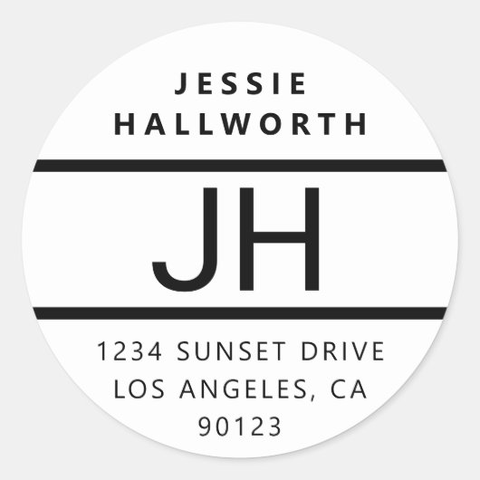 Zwart-wit modern zwart monogram ronde sticker (Voorkant)