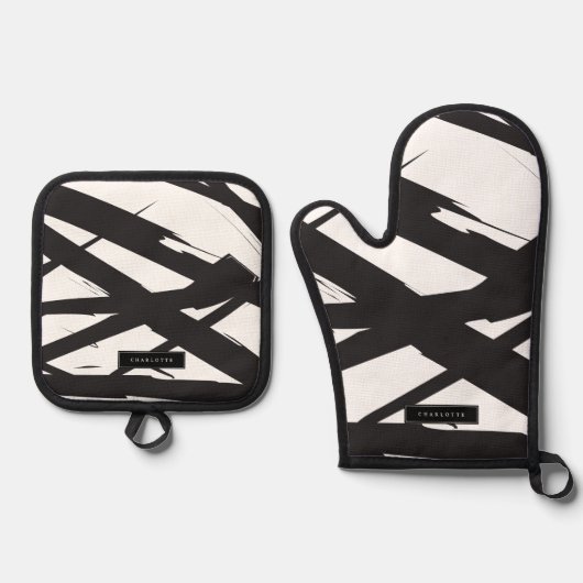 Zwart-wit moderne Abstracte kunstlijn decoratief Ovenwant & Pannenlap Set (Voorkant)