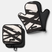 Zwart-wit moderne Abstracte kunstlijn decoratief Ovenwant & Pannenlap Set (Voorkant / Achterkant)