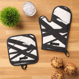 Zwart-wit moderne Abstracte kunstlijn decoratief Ovenwant & Pannenlap Set