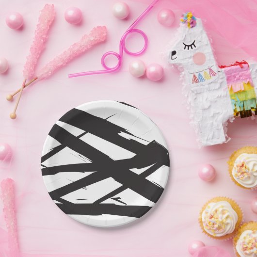 Zwart-wit moderne Abstracte kunstlijn decoratief Papieren Bordje (Feest)