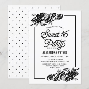 Zwart & Wit Moderne Bloemen Accenten Sweet Sixteen Kaart