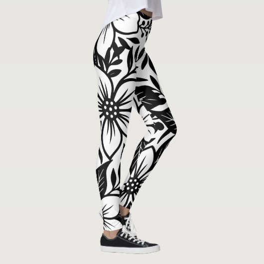 Zwart Wit Moderne Bloemen Elegante Tropische Bloei Leggings (Rechts)