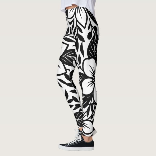 Zwart Wit Moderne Bloemen Elegante Tropische Bloei Leggings (Links)
