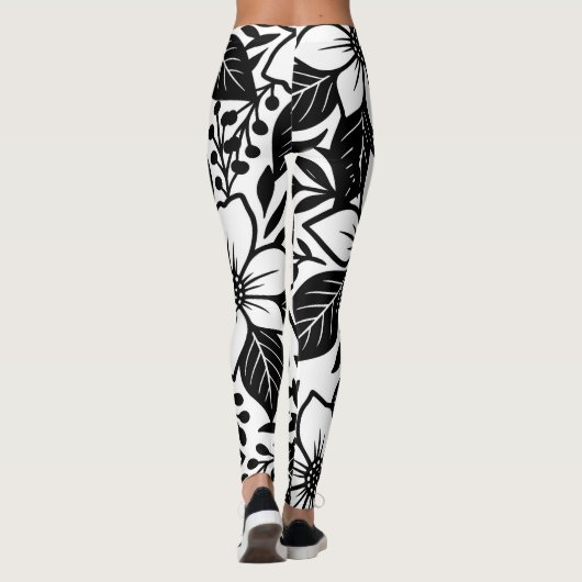 Zwart Wit Moderne Bloemen Elegante Tropische Bloei Leggings (Achterkant)