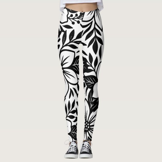 Zwart Wit Moderne Bloemen Elegante Tropische Bloei Leggings (Voorkant)