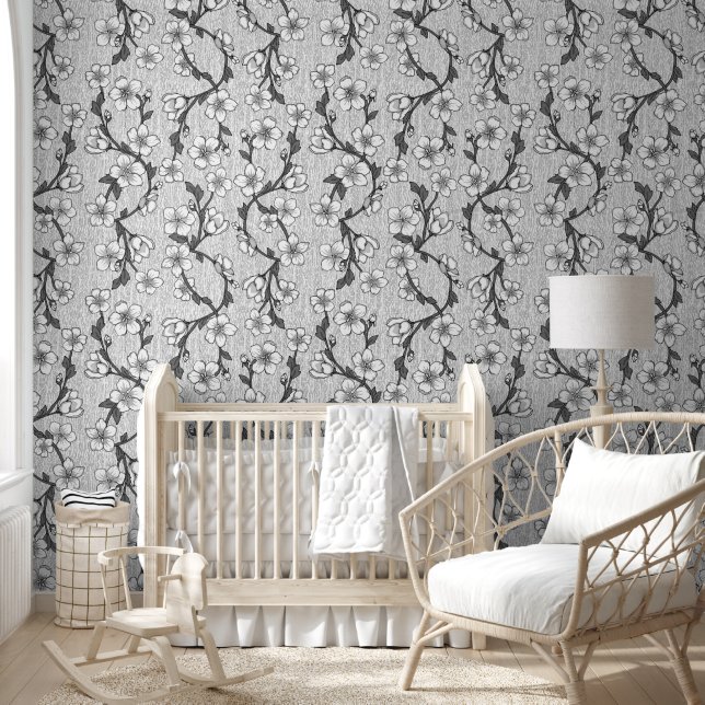Zwart & Wit Moderne Botanische Bloem Behang (Kinderen)
