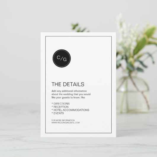 Zwart-wit moderne bruiloft details kaart (Staand voorkant)