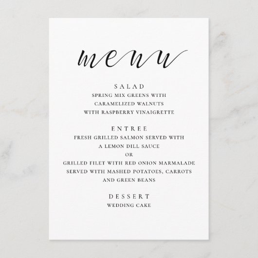 Zwart-wit moderne bruiloft. Minimalistisch schrift Menu (Voorkant)