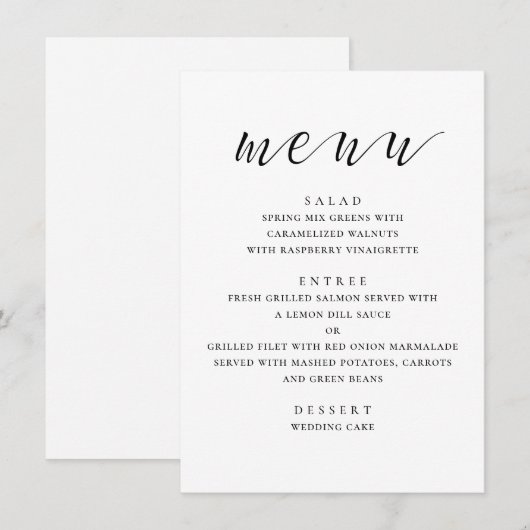 Zwart-wit moderne bruiloft. Minimalistisch schrift Menu (Voorkant / Achterkant)