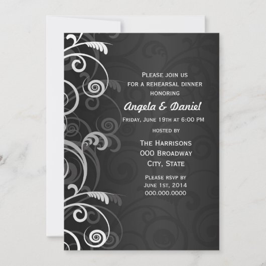 Zwart-wit moderne bruiloft repetitie diner kaart (Voorkant)