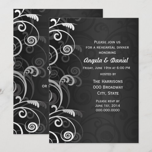 Zwart-wit moderne bruiloft repetitie diner kaart (Voorkant / Achterkant)
