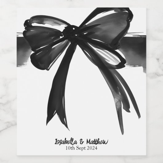 Zwart-wit Moderne Bruiloft Waterverf Bow Chic Wijn Etiket (Enkel label)