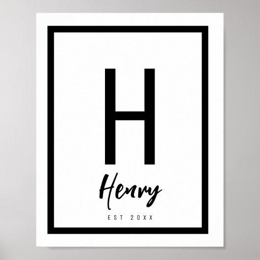 Zwart & Wit Moderne Chic Naam Babykamer Initiaal Poster (Voorkant)
