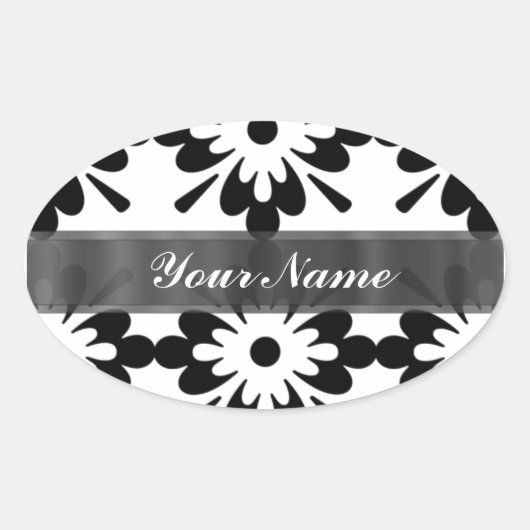 Zwart & wit moderne damast ovale sticker (Voorkant)