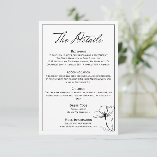 Zwart-wit Moderne elegante bruiloft Details Informatiekaartje (Staand voorkant)