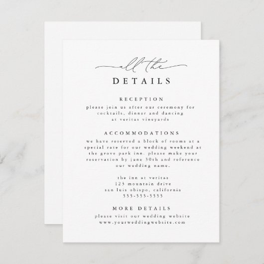 Zwart & Wit Moderne Elegante Trouwdetails Informatiekaartje (Voorkant / Achterkant)