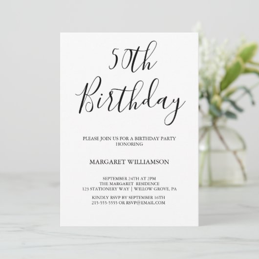 Zwart-wit Moderne Elegantie 50e Verjaardag Kaart (Staand voorkant)