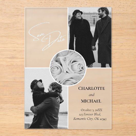 Zwart & Wit Moderne foto Huwelijk Save The Date Acryl Uitnodigingen (Voorkant)