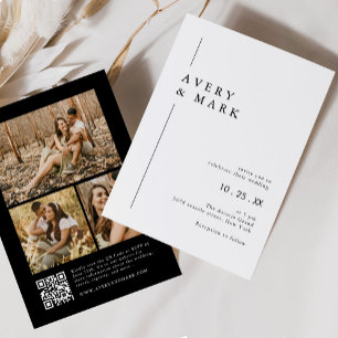 Zwart & Wit Moderne Fotocollage QR Code Bruiloft Kaart