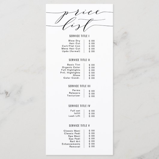 Zwart & Wit Moderne Kalligrafie Prijslijst Salon Menu (Voorkant)