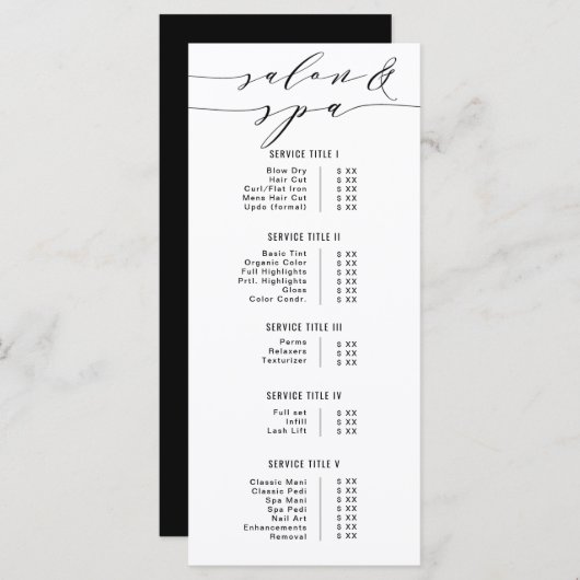 Zwart-wit moderne kalligrafie Salon Spa Prijs Menu (Voorkant / Achterkant)
