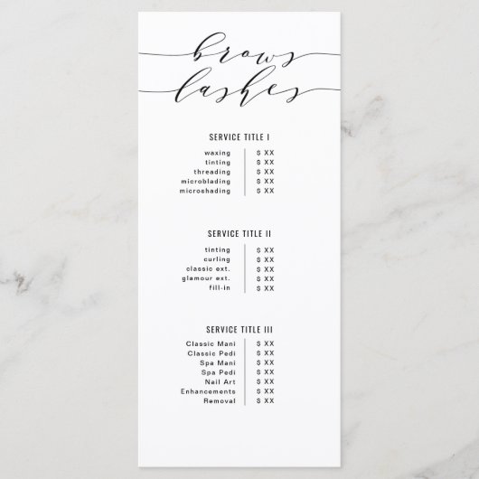 Zwart-wit moderne kalligrafie wenkbrauwen en wimpe menu (Voorkant)