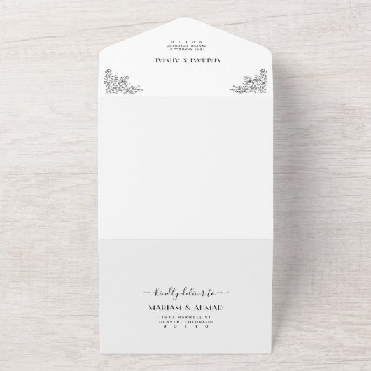 Zwart & Wit Moderne Minimale Bloemen Islamitische  All In One Uitnodiging (Buitenkant)