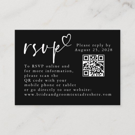 Zwart-wit moderne minimalistische bruiloft QR RSVP Informatiekaartje (Voorkant)