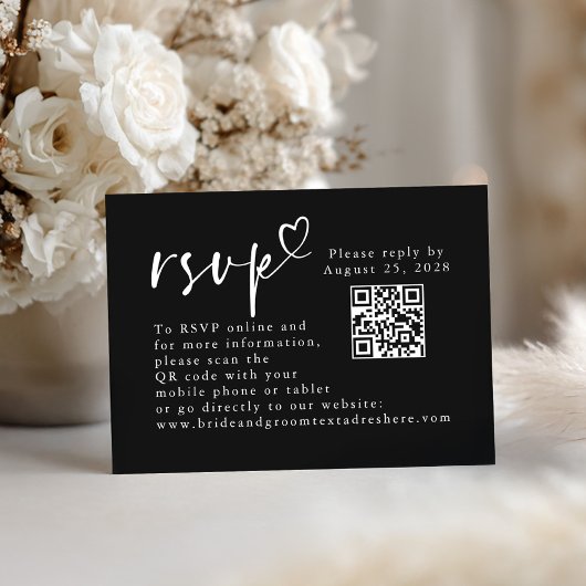 Zwart-wit moderne minimalistische bruiloft QR RSVP Informatiekaartje