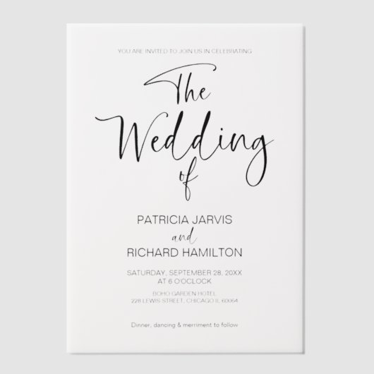 Zwart-wit Moderne minimalistische bruiloft Vellum Uitnodigingen (Voorkant)