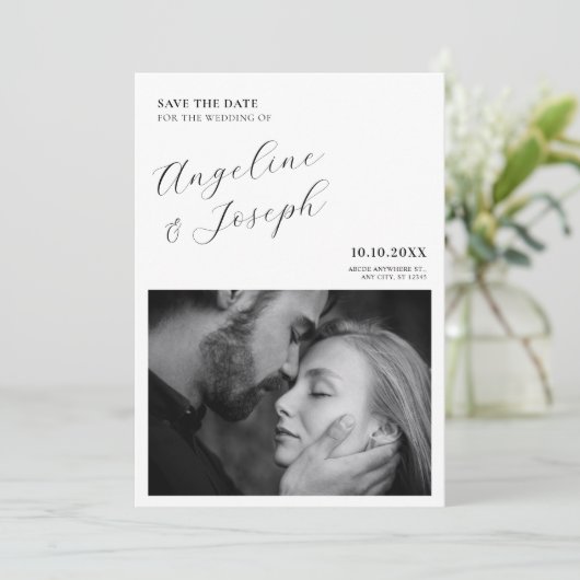 Zwart-wit moderne minimalistische fotobruiloft save the date (Staand voorkant)