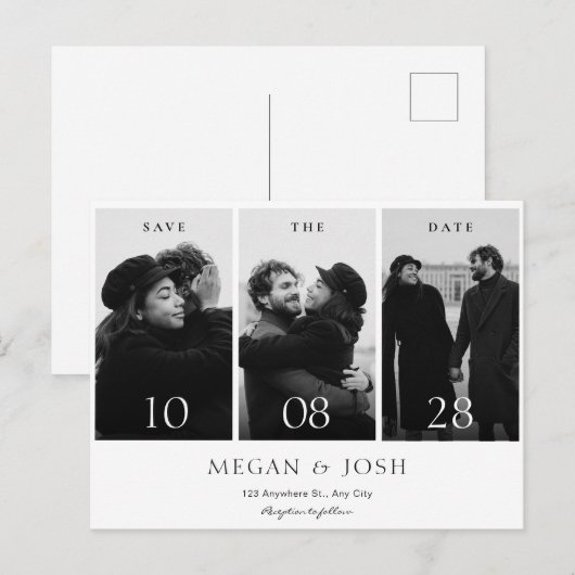 Zwart-wit moderne minimalistische trouwfoto aankondigingskaart (Voorkant / Achterkant)