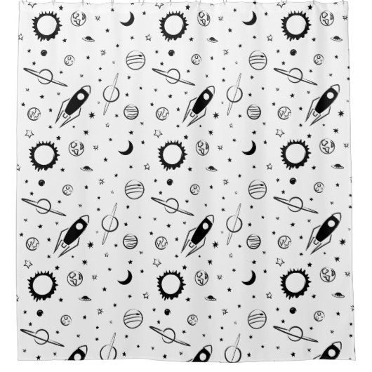 Zwart-wit moderne Outer Space Planeten Douchegordijn (Voorkant)