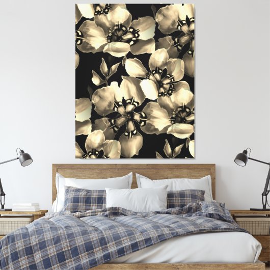 Zwart-wit Moderne Retro Bloemenkunst Canvas Afdruk (Insitu (Slaapkamer))