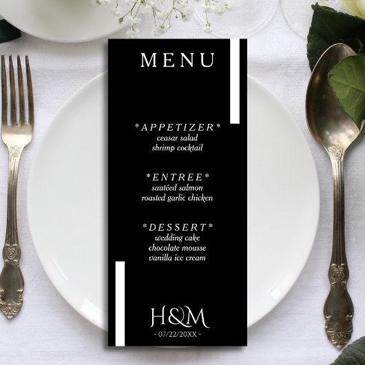 Zwart & Wit Moderne Streep Bruiloft Receptie Menu