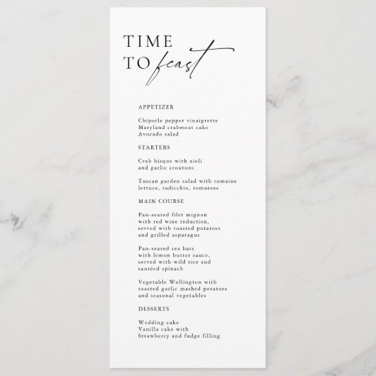 Zwart & Wit Moderne "Tijd om te Feesten" Bruiloft  Menu (Voorkant)