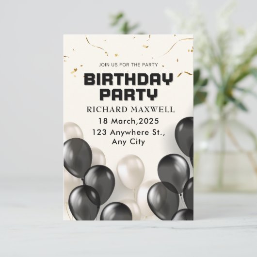 Zwart-wit Moderne Uitnodiging voor verjaardagsfees (Staand voorkant)