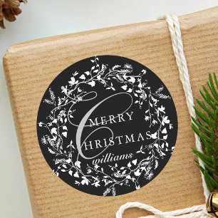 Zwart & Wit Moderne Wildflower Krans Kerstmis Ronde Sticker