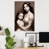 Zwart Wit Moeder en dochter portret | AI Art Poster (Thuiskantoor)