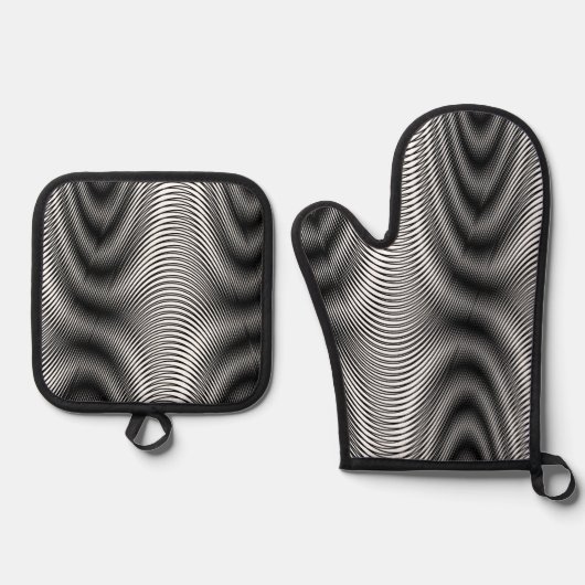Zwart-wit moiré strepen - Trippy Abstract Ovenwant & Pannenlap Set (Voorkant)