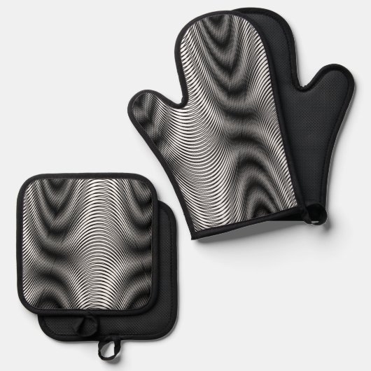 Zwart-wit moiré strepen - Trippy Abstract Ovenwant & Pannenlap Set (Voorkant / Achterkant)