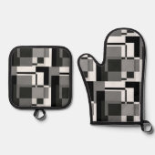 Zwart-Wit Mondriaan Stijl Abstract Geometrisch Ovenwant & Pannenlap Set (Voorkant)