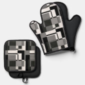 Zwart-Wit Mondriaan Stijl Abstract Geometrisch Ovenwant & Pannenlap Set (Voorkant / Achterkant)