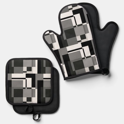 Zwart-Wit Mondriaan Stijl Abstract Geometrisch Ovenwant & Pannenlap Set (Voorkant / Achterkant)