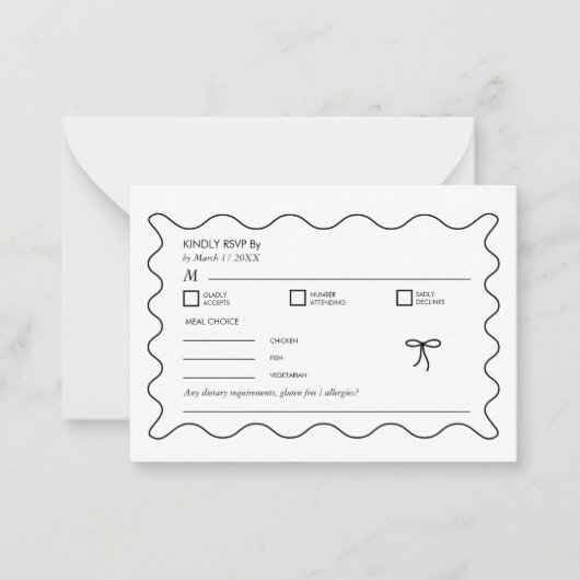 Zwart-wit Monochrome Golvende Curve QR Code RSVP Notitiekaartje (Voorkant)
