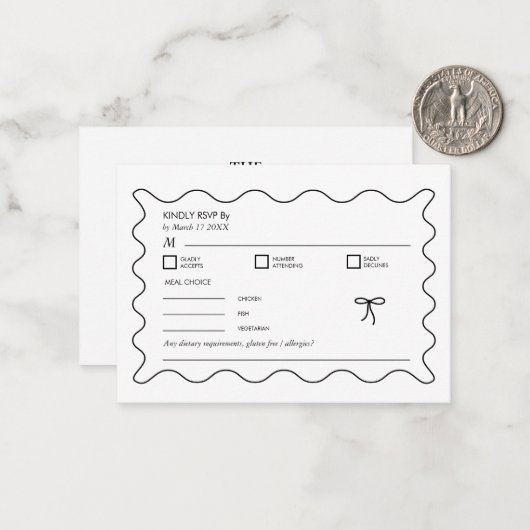 Zwart-wit Monochrome Golvende Curve QR Code RSVP Notitiekaartje (Voorkant / Achterkant in situ)