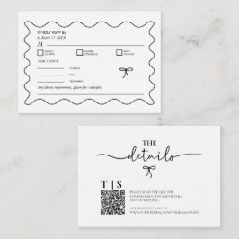 Zwart-wit Monochrome Golvende Curve QR Code RSVP Notitiekaartje