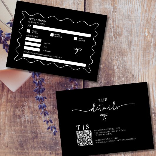Zwart-wit Monochrome Golvende Curve QR Code RSVP Notitiekaartje