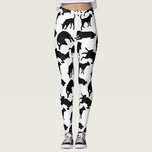 Zwart-wit monochrome hond huisdier stempel patroon leggings (Voorkant)